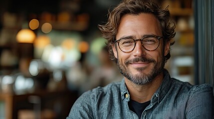Obraz premium A confident European man smiles by a coffee shop, representing business, customer service, and hospitality in a cafe or restaurant