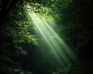 Fototapeta premium Sunbeams breaking through forest canopy, wildlife roaming in a quiet natural setting
