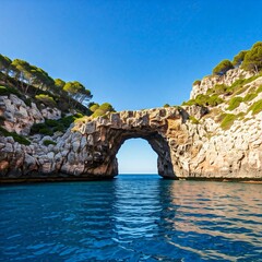Frontal picture of a Mediterranean coast with some small cliffs and a natural rock bridge between both sides creating a small bay
