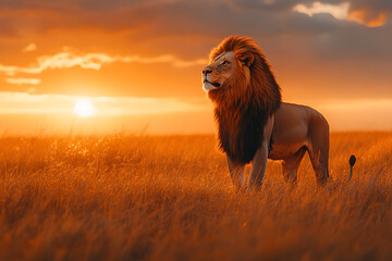 A majestic lion standing in a golden savanna during sunset