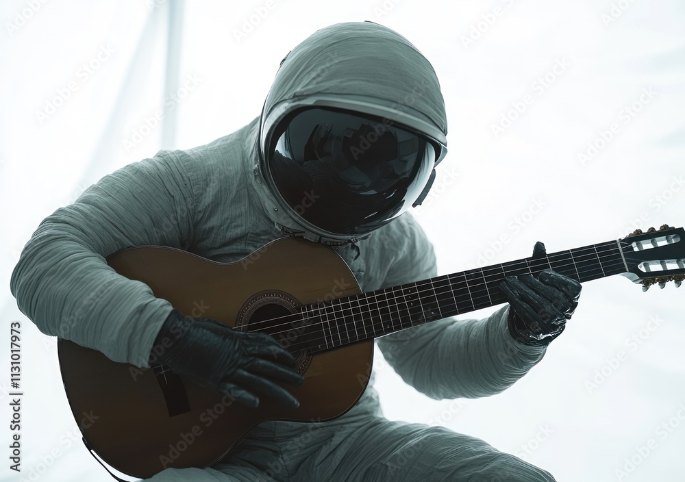 Aufkleber An astronaut playing a guitar in a minimalist setting, emphasizing creativity and exploration.
