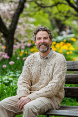 Fototapeta premium Middle-Aged Man Enjoying Springtime on a Bench Among Blooming Flowers