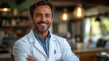 Obraz premium A smiling dentist stands with arms folded, representing professional dental hygiene service and care