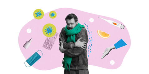 Contemporary art collage. Man shivering in scarf, surrounded by virus graphics, pills, and thermometer, depicting cold prevention and health care. Concept of healthcare, immunity protection, infection
