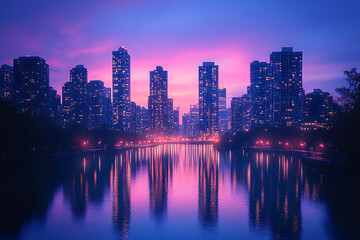 Fototapeta premium A breathtaking cityscape with illuminated skyscrapers and reflections in a calm river