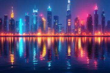 Fototapeta premium A breathtaking cityscape with illuminated skyscrapers and reflections in a calm river