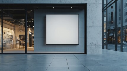 Blank square billboard on modern store exterior.