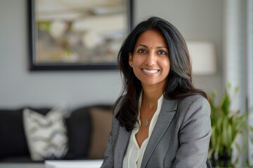 Obraz premium Portrait of a smiling indian woman in her 40s dressed in a stylish blazer isolated on stylized simple home office background