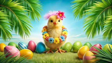 Cute Chick with Easter Eggs and Tropical Vibes