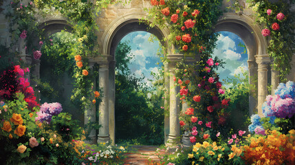 Elegant arches supporting a tapestry of colorful flowers and foliage , lush, verdant. Tapestry. Illustration