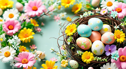 Colorful painted Easter eggs in a basket with flowers. Easter holiday. A religious concept.