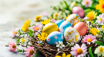 Colorful painted Easter eggs in a basket with flowers. Easter holiday. A religious concept.