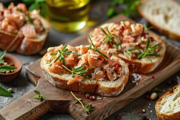Top view of rustic Italian cuisine salmon pate baguette fish bruschetta