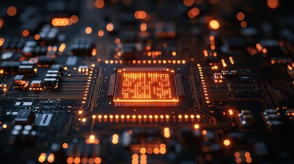 Obraz premium An abstract circuit board illuminated with light signifies connectivity, innovation, and the digital transformation driven by electronics and microchip systems