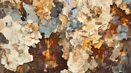 Naklejka premium Extreme close-up of a weathered wall, its surface a rich tapestry of oxidized metal, flaking paint, and ochre rust stains, evoking the raw beauty of industrial decline. Tapestry. Illustration