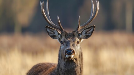 Fototapeta premium Majestic red deer stag stares intently.