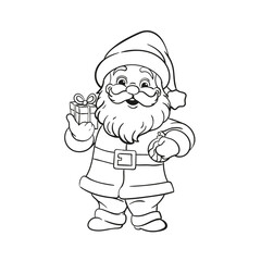 Happy Santa Claus standing with gifts in his hands, black and white illustration for a coloring book