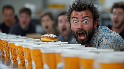 Excited Man Reacts with humorous moment Joy and Surprise Amidst a Row of Cups and a Single Donut at a Celebration or Contest in a Fun Food Setting with Friends