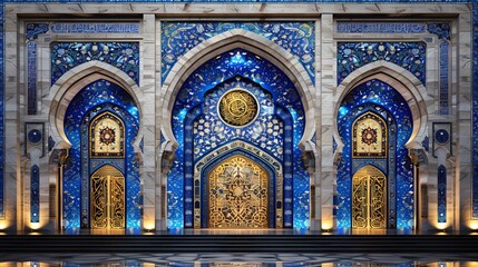 Fototapeta premium Ornate blue and gold Islamic architecture entrance.