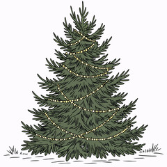 Fototapeta premium A realistic green Christmas tree adorned with colorful lights, perfect for holiday decorations, cards, and festive designs.