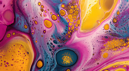 This artwork features a mesmerizing blend of pink, yellow, and blue fluid colors swirling together, creating a captivating abstract design filled with organic shapes and textures.