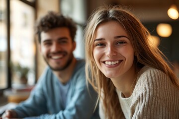 Smiling duo in cafe, warmth, comfort, informal setting