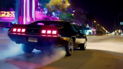 Vintage muscle car drifting through neonlit city streets at night