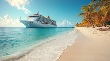 Fototapeta premium beach with palm trees and beautiful see with Cruise ship in the sea in the distance