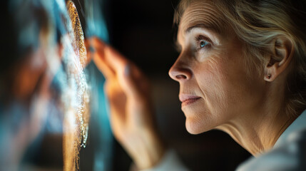 Obraz premium A focused woman examines glowing display, showcasing her curiosity and engagement with technology. scene captures moment of discovery and wonder