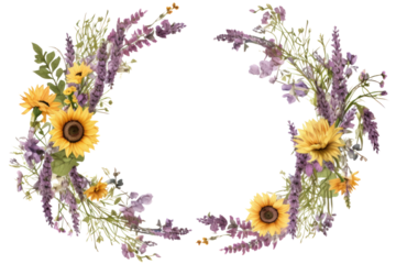 Rustic floral circle frame with an assortment of seasonal blooms including sunflowers and lavender, isolated on white background