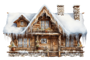 Quaint log house with a snow-covered roof and icicles hanging from the eaves, isolated on white background