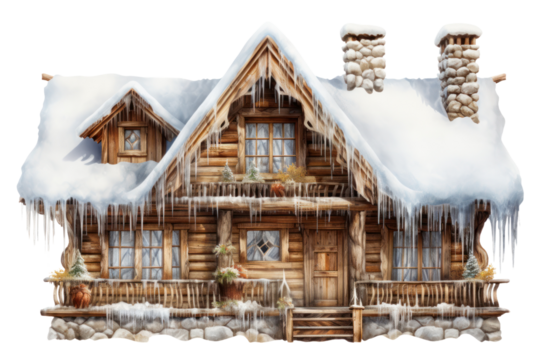 Quaint log house with a snow-covered roof and icicles hanging from the eaves, isolated on white background