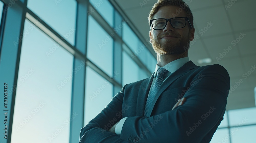 Poster a confident businessman standing with arms crossed in a modern office setting.