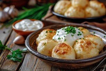 Traditional Ukrainian potato dumplings with sour cream on a wooden table Varenyky vareniki pierogi pyrohy
