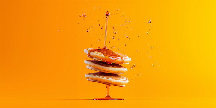 Pancake with awesome syrup on a solid background. Caramelized. Ideal for conveying the fun and pleasure of sweet breakfasts. Background