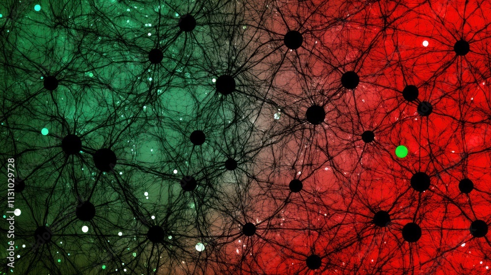 Leinwandbilder abstract network visualization with nodes and connections in green and red hues.