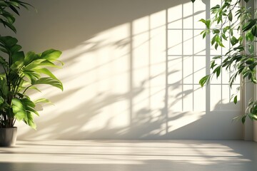 Sunlight streams through a window casting shadows on the floor beside lush green plants in a bright room setting