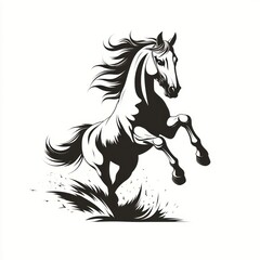 Majestic black stallion rearing, dynamic pose, isolated on white.