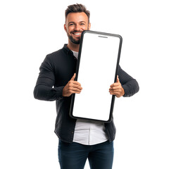 Happy man holding a giant smartphone, isolated on transparent cutout background