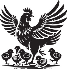 Fototapeta premium A hen guarding her chicks under her wings black vector silhouette