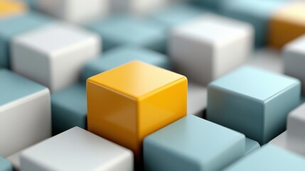 Fototapeta premium Minimalist arrangement of interlocking geometric shapes in pastel tones with a standout yellow cube.