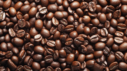 Obraz premium Dark roasted coffee beans arranged closely on a wooden surface for visual texture and aroma. Generative AI