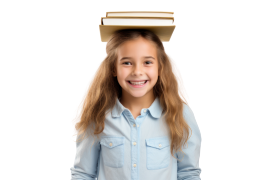 Happy little girl balancing a book on her head with a joyful expression isolated on white background