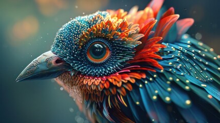 Obraz premium Stunning close up image showcasing the vibrant iridescent feathers of a tropical bird in exquisite detail