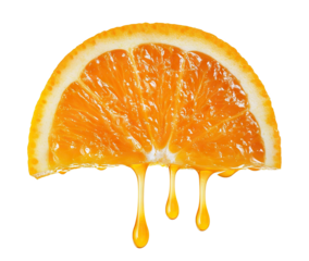 Delicious orange slice with juice droplets dripping down, isolated on a transparent background
