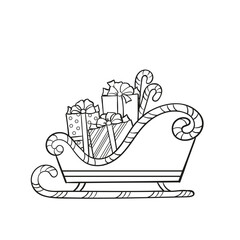 Winter sleigh with gifts, black and white vector illustration for coloring book