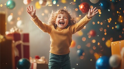 Fototapeta premium child jumping with joy after receiving a present,