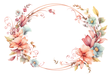 Elegant floral circle frame with intricate blossoms and leaves arranged in a symmetrical pattern, isolated on white background