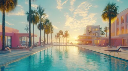 Fototapeta premium Serene Sunset at the Luxurious Pink Paradise Resort: A Tropical Getaway Dream