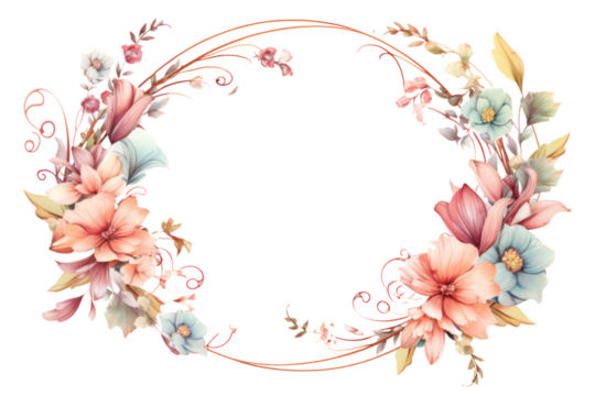 Elegant floral circle frame with intricate blossoms and leaves arranged in a symmetrical pattern, isolated on white background